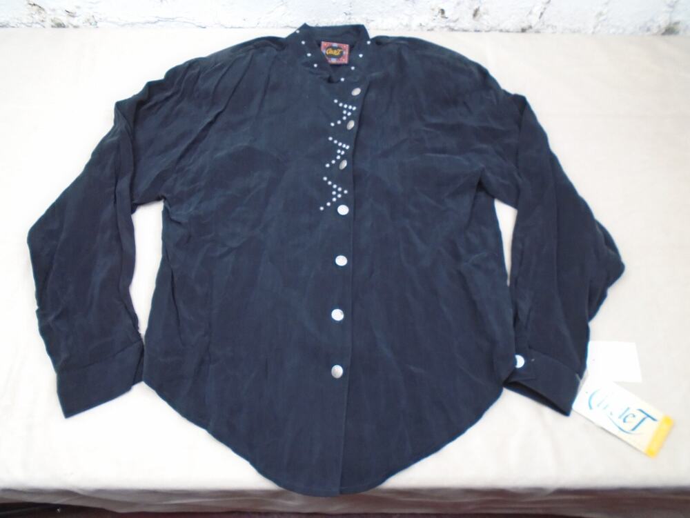 Vintage 90s Womens Circle T Rayon Western Black Metal Button Shirt Studded M NWT